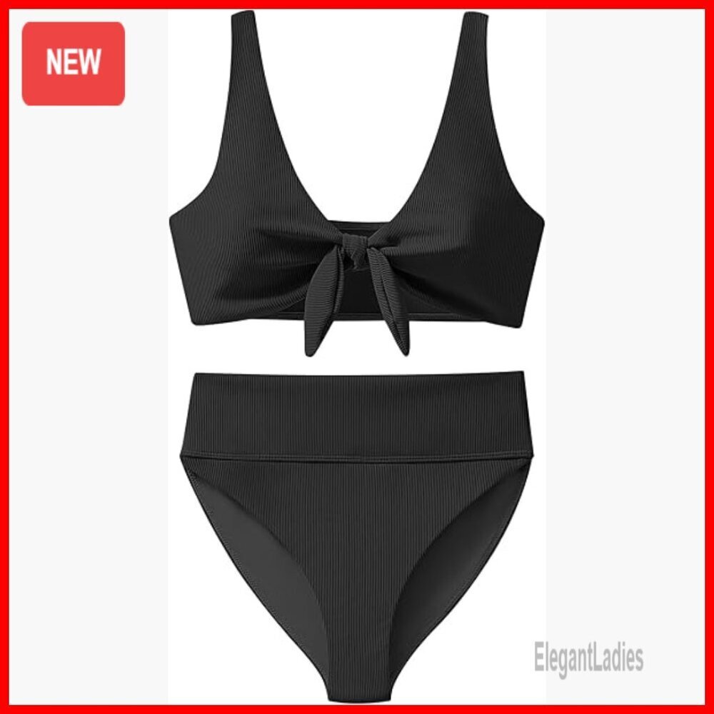 High Waisted Ribbed Bikini Set with Tie Knot Top, Adjustable Straps